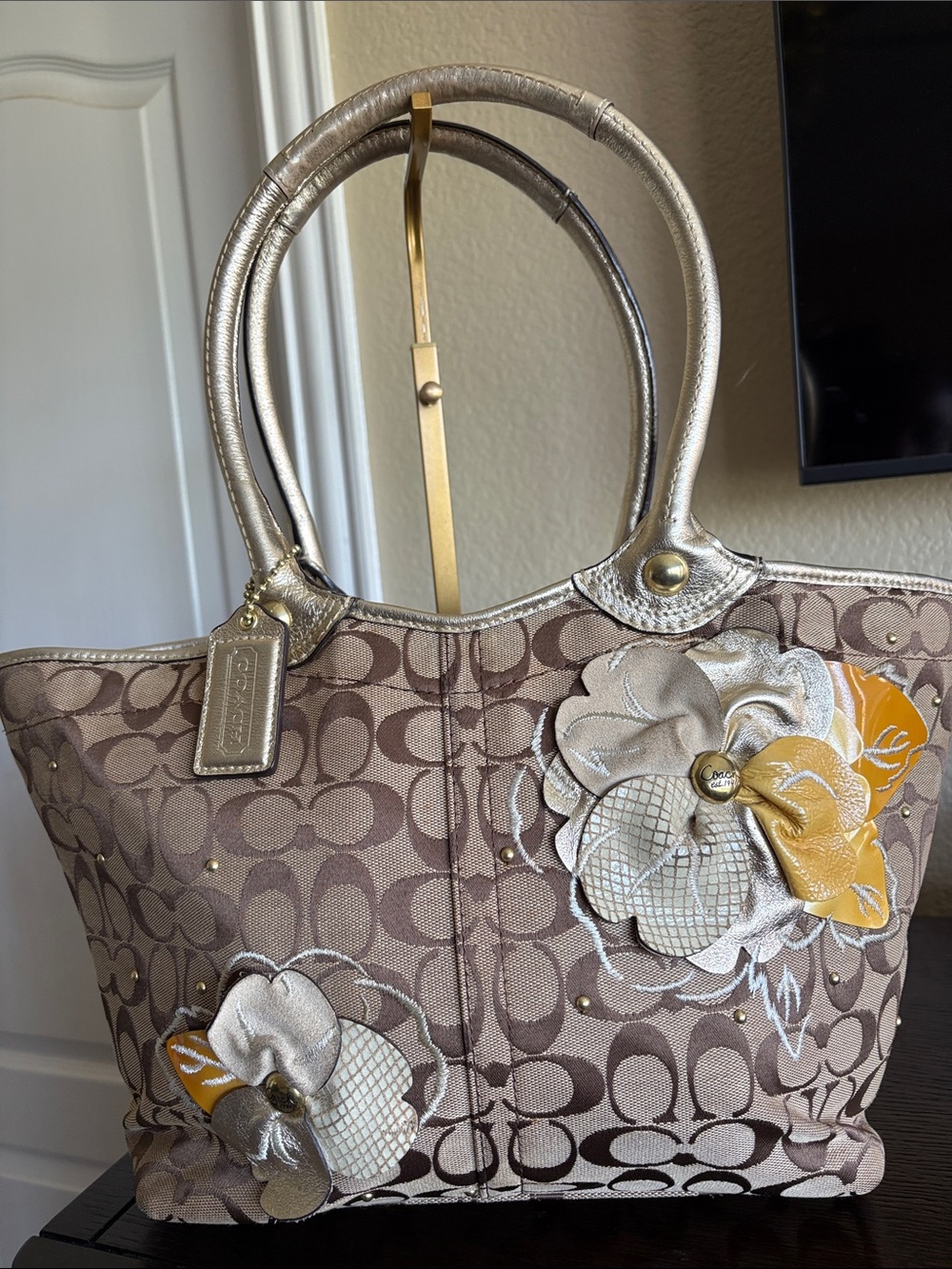 Coach Signature Tote with Beige and Gold Floral Appliqués